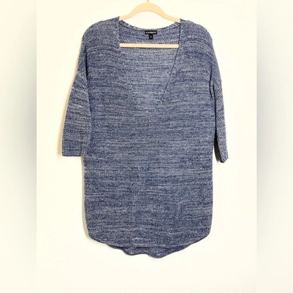 Express Blue Marl V-Neck Sweater Size Small Cotton Oversized